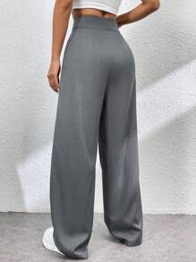 SHEIN Essnce Pantalón casual de pierna ancha de cintura alta, verano, para mujer - Gris Oscuro - Ver 2