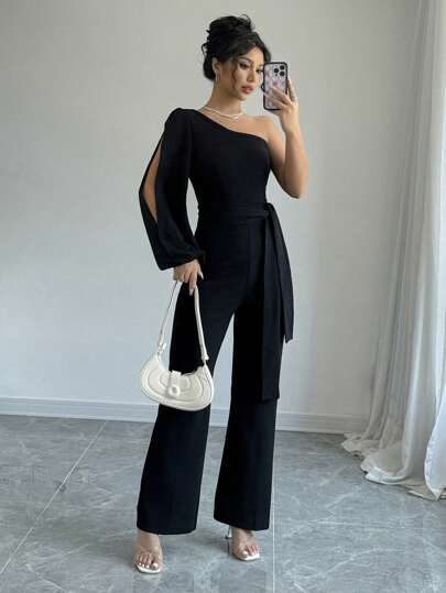 Gloray Women's Lantern Sleeve One Shoulder Cinched Waist Wide Leg Jumpsuit