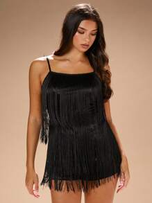 Glamine Mono elegante con tirantes de espagueti, flecos y color solido, para fiestas, festivales, Halloween, citas, baile de graduación, despedida de soltera, fiesta negra - Negro - Ver 1