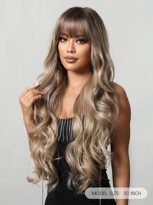 TOPSHE帶瀏海30英吋棕色卷曲假髮，時尚美麗的女士波浪型合成假髮，適用於女孩日常及派對使用，耐高溫長卷發型 - 亞麻金 - 查看 5