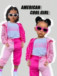 SHEIN Explorewe 3pcs Tween Girls Fashionable Casual Short Sleeve Letter Printed T-Shirt, Colorblock Hooded Cardigan, And Colorblock Pants Set, Fall/Winter - Multicolor - View 1
