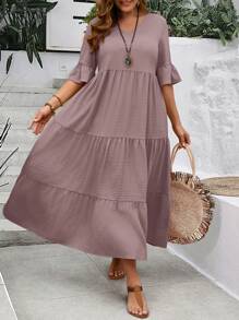 EMERY ROSE Plus Size Women's Deep V-Neck Ruffle Sleeve Multi-Tiered Hem Long Yellow Dress For Summer - Dusty Purple - View 1