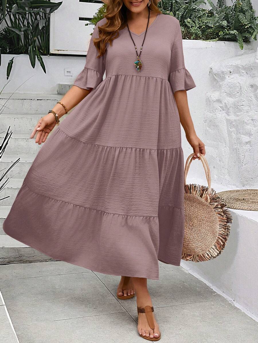 EMERY ROSE Plus Size Women's Deep V-Neck Ruffle Sleeve Multi-Tiered Hem Long Yellow Dress For Summer - Dusty Purple - View 1