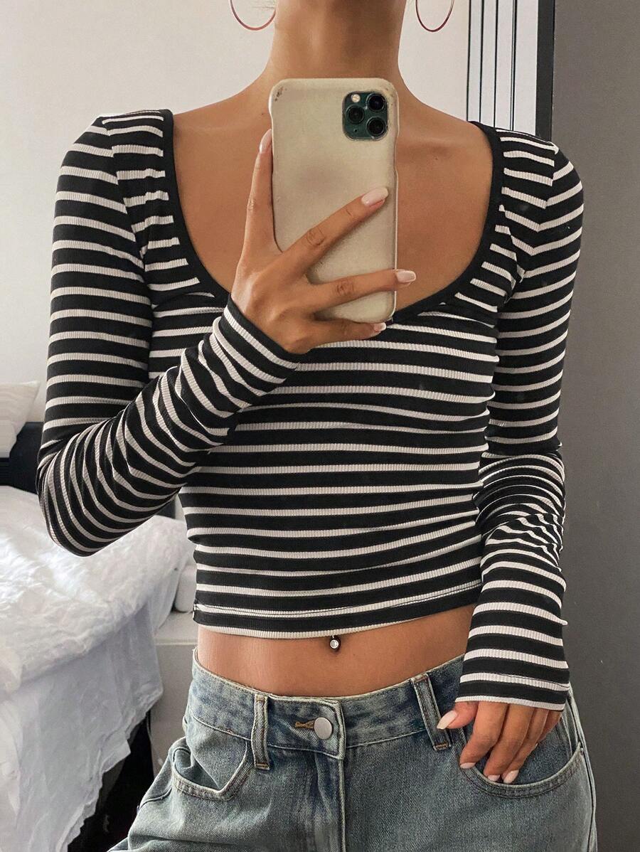 DAZY 秋季新款条纹圆领长袖休闲时尚T恤，秋季女装 - 黑色 - 查看 1