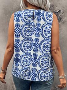 SHEIN LUNE 大码圆领全印花无袖休闲度假衬衫 - 藍白色 - 查看 2