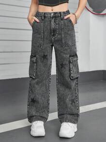 SHEIN Explorewe Calça Denim Cargo Lavada com Estampa de Estrela e Bolsos Grandes, Streetwear Casual para Adolescentes Meninas - Preto - Visão 7
