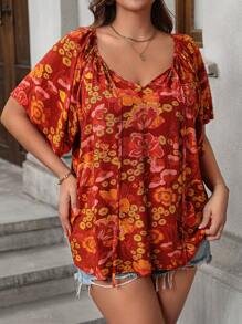 SHEIN LUNE Plus Size Lace-Up Allover Print Short Sleeve Shirt For Summer Outfits Teacher Outfits