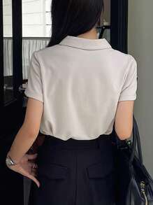 DAZY Women Plain Simple Daily Wear V-Neck Embroidery Decor Short Sleeve T-Shirt