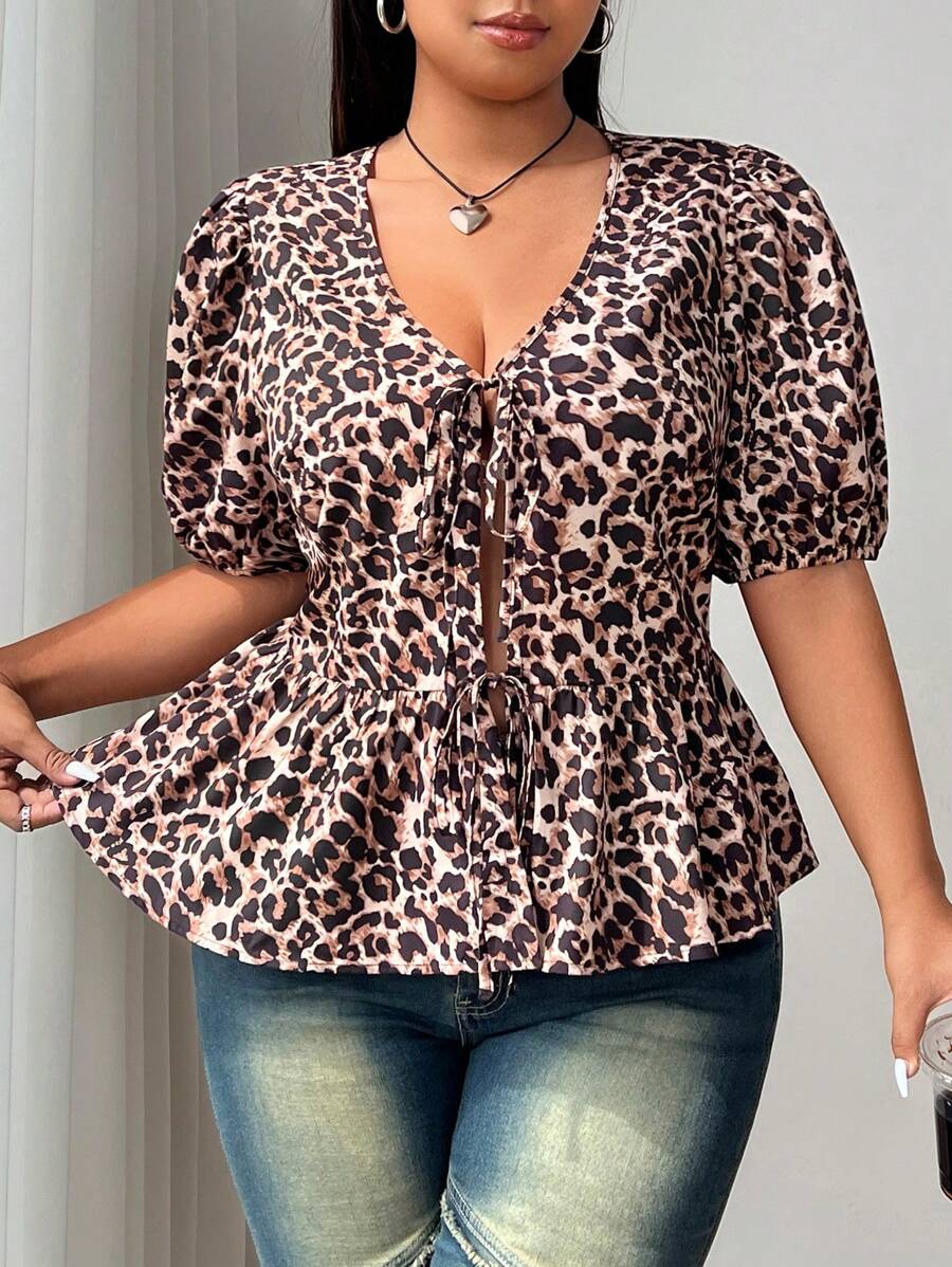 SHEIN EZwear 大码女式夏季豹纹系带短款泡泡袖荷叶边下摆衬衫 - 彩色 - 查看 1