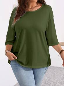 大码女式纯色圆领长袖 T 恤 - 橄欖綠 - 查看 5
