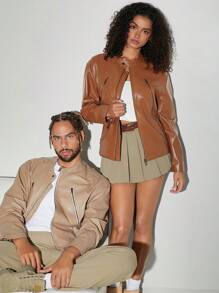 Hauture Zipper Detail PU Leather Zip Jacket