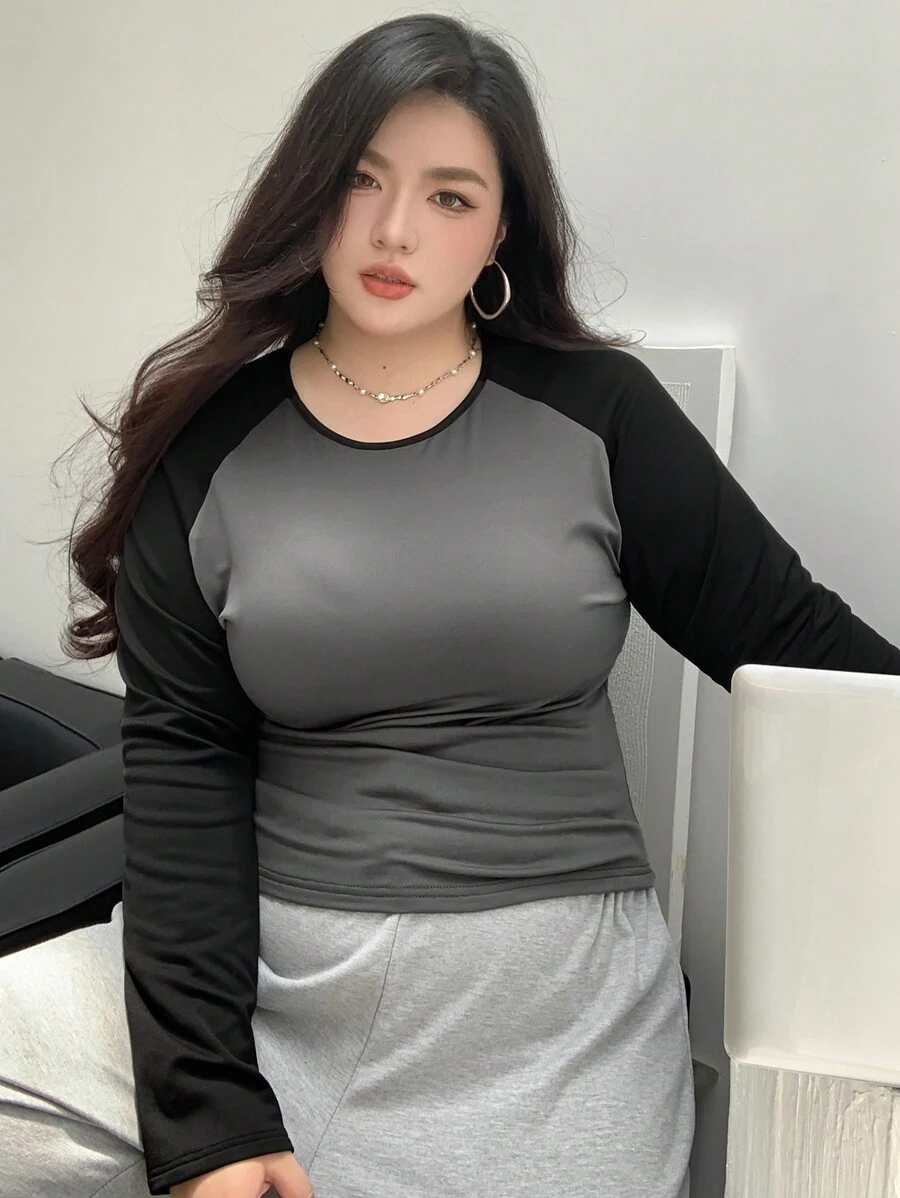 Dazy Plus Plus Size Color Block Crew Neck Fitted Long Sleeve Casual T-Shirt, Suitable For Spring, Summer, Autumn Preppy Tops,Fall Women Clothes - Grey - View 1