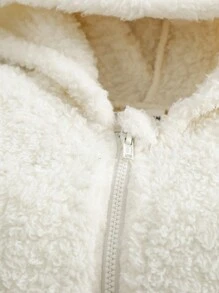 SHEIN Leap Crew 新生女婴可爱拼色毛绒耳朵连帽连脚婴儿冬季连体衣新生儿冬季服装 - 杏色 - 查看 4