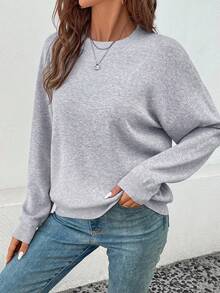 SHEIN LUNE 休闲船领蝙蝠袖毛衣，春秋 - 灰色 - 查看 3