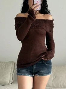 SHEIN Unity Jersey ajustado de manga larga de unicolor con hombros descubiertos, otoño/invierno para mujer - Café integral - Ver 3