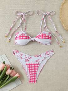 SHEIN Swim 女士随机印花系带扭纹细节上衣和全印花格子泳裤比基尼套装，夏季泳衣 - 粉色 - 查看 6