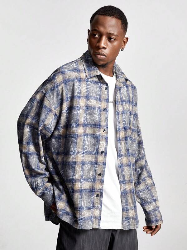 Manfinity VCAY Men's Plaid Embroidered Loose Fit Long Sleeve Casual Plaid Shirt