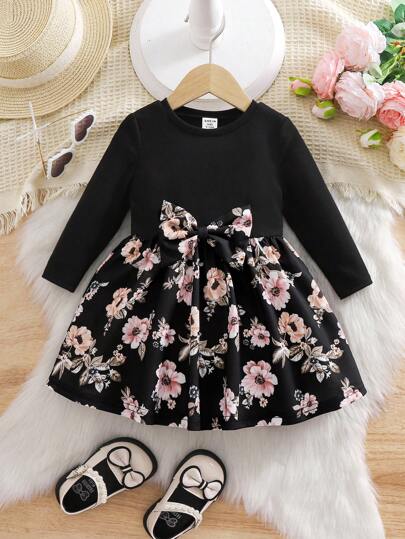 Baby Girl Cute Knit Patchwork Floral Pattern Bow Long Sleeve Dress