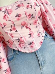 Soleia Blusa romántica con estilo de princesa, manga de farol, dobladillo asimétrico y estampado floral de pequeñas flores en color rosa para mujer de talla grande. Ropa de mujer para otoño, regreso a clases, conciertos, atuendos de despedida de soltera, agradecimiento