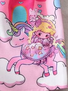 2pcs Girls' Simple Colorful Cartoon Printed Short Sleeve Casual Loose Shorts Home Wear Set - Pink - View 4