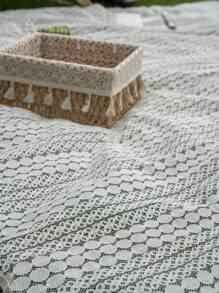 1 件 Bubaba 米色圆点露营垫，简约镂空蕾丝流苏装饰便携式可折叠野餐毯，适合户外、海滩、露营、徒步旅行、旅行、音乐节 - 米色 - 查看 7