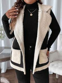 SHEIN LUNE Plus Size Dames Colorblock Zakken Opstaande Kraag Mouwloos Los Jack, Winter