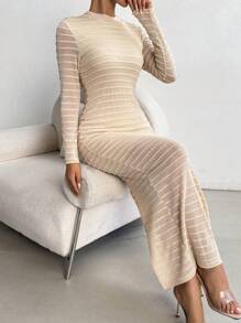 Chiquease Women Textured Knit Bodycon Mini Dress Fall Cloth For Women - Apricot - View 3
