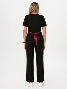 TaskEZ 短袖上衣和長褲對比邊緣制服套裝