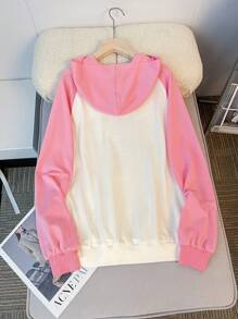 SHEIN Moletom com capuz colorblock para menina adolescente com estampa de fonte em inglês, casual