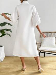 Breezaya Elegant And Charming Lantern Sleeve V-Neck Dress For Holiday Party Clothes Maxi Satin Women Outfit - White - View 2