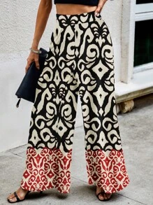 Breezaya Random Printed Women High Waist Loose Wide Leg Vacation Pants - Multicolor - View 4