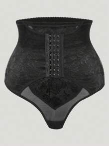 Prenda moldeadora de unicolor con parche de encaje simple para mujeres de talla grande - Negro - Ver 4