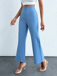 SHEIN PETITE Petite High Waisted Flared Pants - Blue - View 4