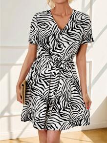 SHEIN LUNE Fashion Grandmamma NANA Zebra Print Short Sleeve Dress - Black - View 6