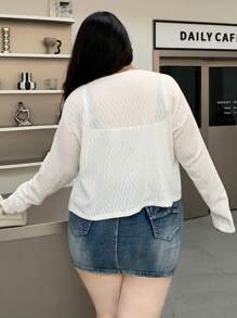 Dazy Plus Plus Size Short Fitted V-Neck Long Sleeve Cardigan Top, White, Spring/Summer, Back To School Clothes,Fall Women Clothes - White - View 2