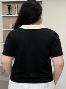 Dazy Plus Color Block Splice Lapel Solid Fitted Short Sleeve Slim Fit T-Shirt, Spring/Summer,Teacher Outfits - Black - View 2