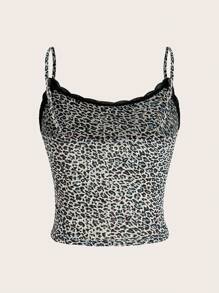 SHEIN EZwear Conjunto de camiseta y pantalones cortos de encaje con estampado de leopardo en contraste para mujer - Gris - Ver 3