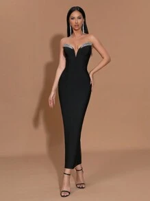 Modphy 黑色性感露肩奢华钻石装饰超长绷带连衣裙，优雅适合节日派对、婚礼、生日、晚礼服婚礼宾客礼服舞会礼服 - 黑色 - 查看 1