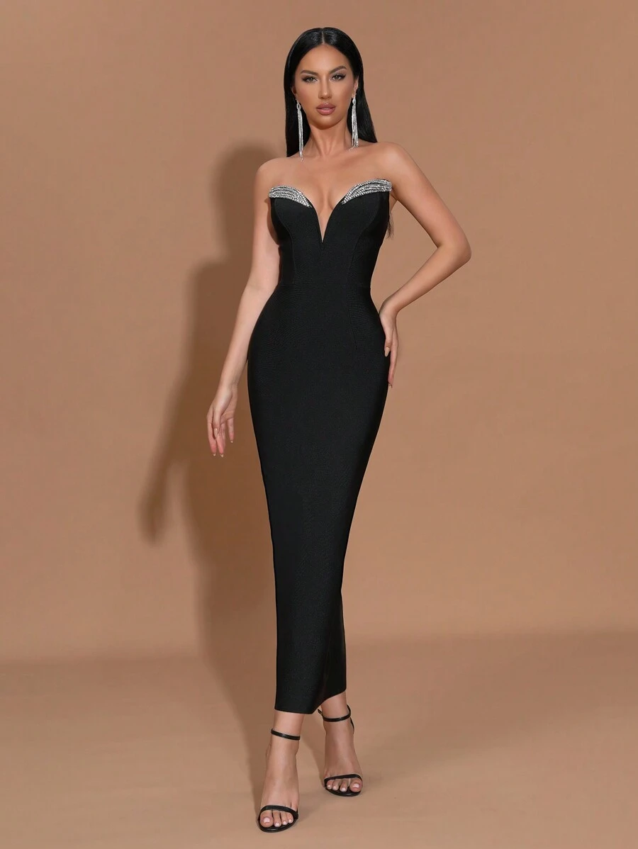 Modphy 黑色性感露肩奢华钻石装饰超长绷带连衣裙，优雅适合节日派对、婚礼、生日、晚礼服婚礼宾客礼服舞会礼服 - 黑色 - 查看 1