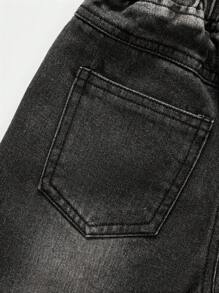 SHEIN Explorewe Young Boy Distressed Washed Soft Denim Long Pants With Face Prints, Casual - Black - View 7