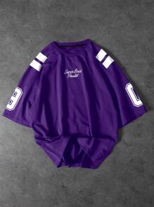 Aesthetic Post Áo thun nam sọc chữ & in số cổ tròn dáng rộng - Màu tím - Xem 2