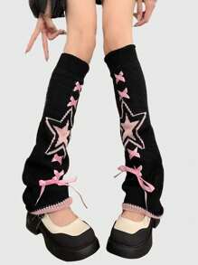 ROMWE Kawaii 1 par de calentadores de piernas negros para mujer de 4 estaciones con cinta rosa y estampado de estrella de cinco puntas - Negro - Ver 1