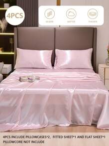 4入組無填充物純緞床單套裝1入組床笠和1入組床單和2入組枕套床上用品全/單人床/大號床/特大號床 - 粉色 - 查看 1