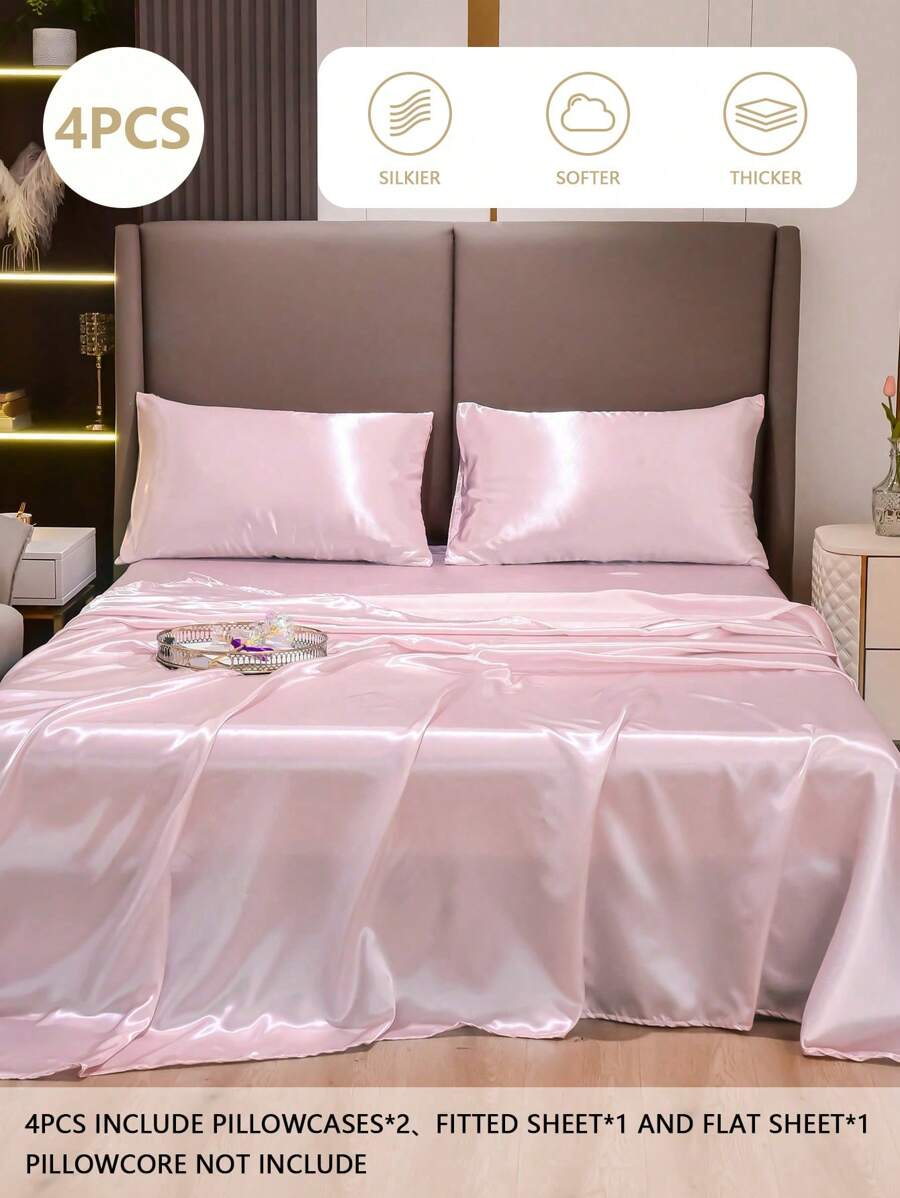4入組無填充物純緞床單套裝1入組床笠和1入組床單和2入組枕套床上用品全/單人床/大號床/特大號床 - 粉色 - 查看 1
