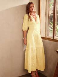 Anewsta White V-Neck Split Hem Floral Lace Dress