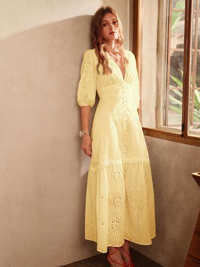 Anewsta 白色 V 领开衩下摆花卉蕾丝连衣裙