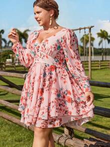 Flirla Vestido de manga larga con cuello en V y estampado floral para tallas grandes