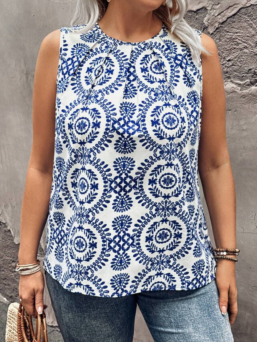 SHEIN LUNE 大码圆领全印花无袖休闲度假衬衫 - 藍白色 - 查看 1