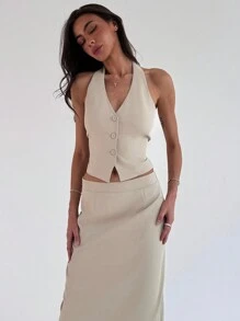 SHEIN Privé Plus Size Elegant Tie-Waist Blazer & Extra Long Slit Hem Midi Skirt 2Pcs Suit, Apricot