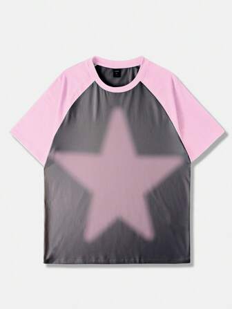 Street Life Camiseta de manga corta con estampado de pentagrama de color contrastante para hombres